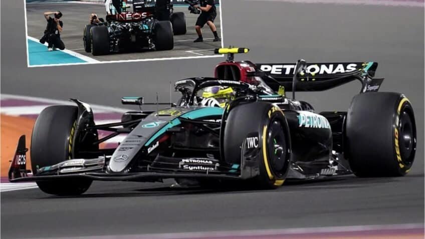 Minichamps Mercedes F1 W15 w. Figure – 2024 Abu Dhabi Grand Prix – #44 Lewis Hamilton 1:12 Model Car