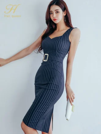Women Slim Tank Summer  Bodycon OL Office Holiday Prom Party Dresses Elegant Vintage Stripes Sheath Pencil Dress