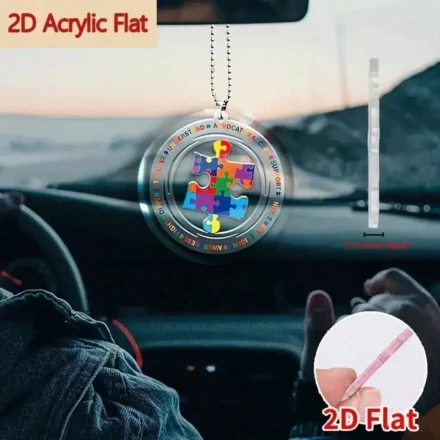  1 Piece 2D Flat Acrylic Puzzle Car Hanging Pendant, Round Shiny Adornment with Heart Link, for Car Cabin, Bags & Keyholders ﻿