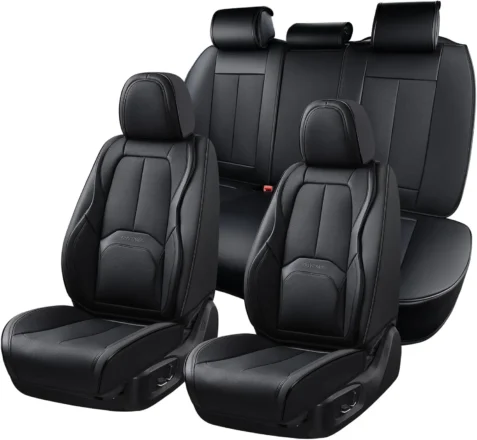 Premium Nappa Leather Car Seat Covers Full Set, Waterproof with Lumbar Support, Universal Fit for Most Vehicles (Black)