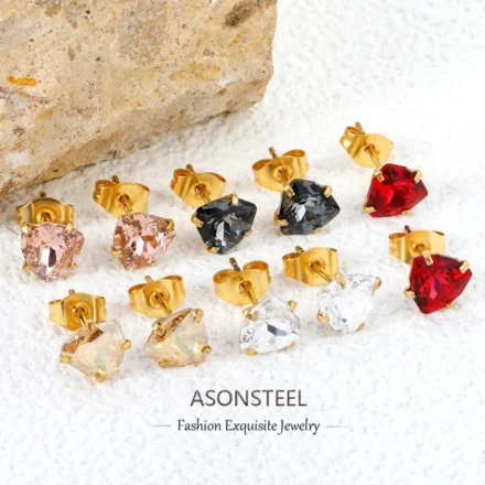 ASONSTEEL 3 Pairs/Lot Shiny Crystal Heart Stud Earrings Set Gold Color Stainless Steel For Women Stylish Romantic Jewelry Gifts