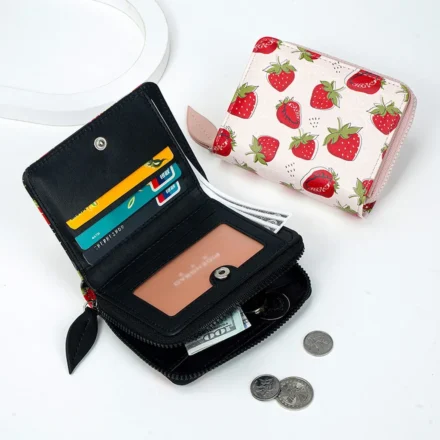 Cute Strawberry Print Wallet for Women Girls Fashionable Korean Style Short Chain Large Capacity Coin Purse