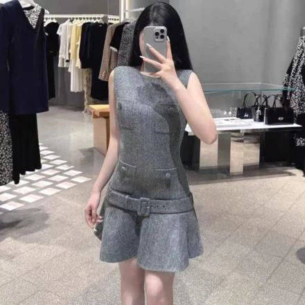 2026 Korean Harajuku Gray Spring and Summer Fashion Belt Waist Woolen Vest Dress Y2k American Sleeveless Casual Streetwear