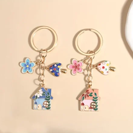 1pc Mushroom Flower Cabin Keychain Cute Metal Key Chain Ring Purse Bag Backpack Charm Car Hanging Ornament Earbud Case Accessories Women Female Gift