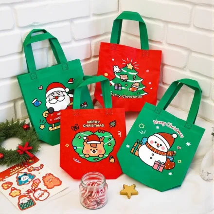 Snowman Santa Claus Printed Tote Handle Bag Non Woven Christmas Gift Bag Foldable Reusable Gift Storage Bag Party Supplies