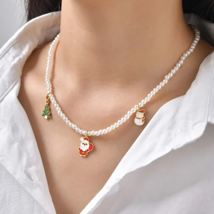 Exquisite Santa Claus Christmas Tree Snowman Necklace,Women’s Imitation Pearl Beaded Necklaces,Fashion Christmas Jewelry Gifts
