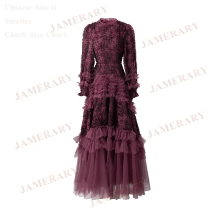 Summer Luxury Formal Evening Dresses Women Sleeve Autumn Embroidery Ruffle Long Cake Dress Brand Designer Quality Maxi Vestidos