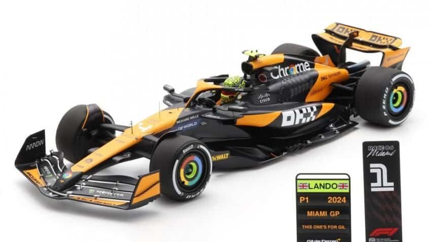 Spark McLaren MCL38 w. Pit Boards – 1st 2024 Miami Grand Prix – #4 L. Norris 1:12 Model Car